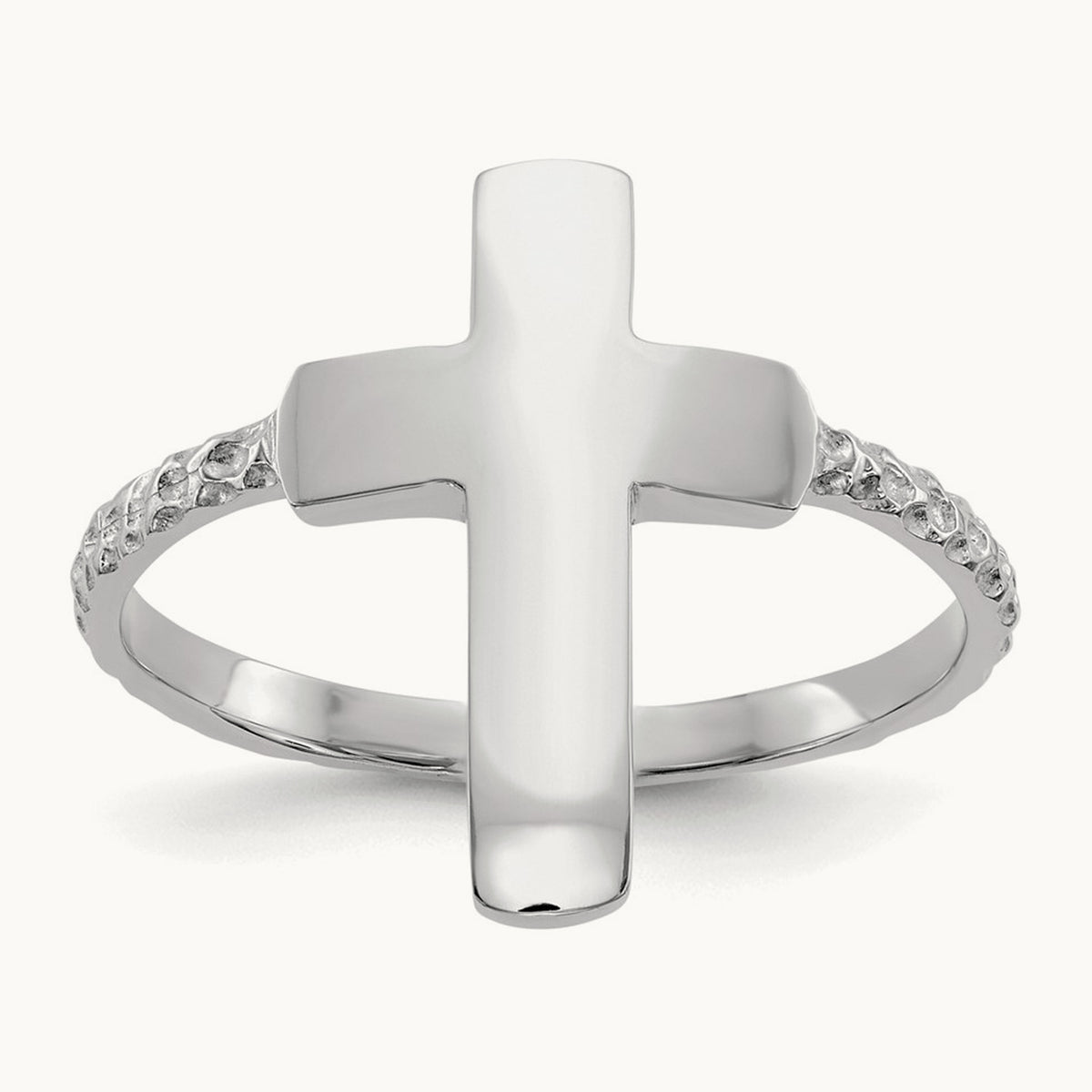 Polished Textured Cross Ring — 14K White Gold