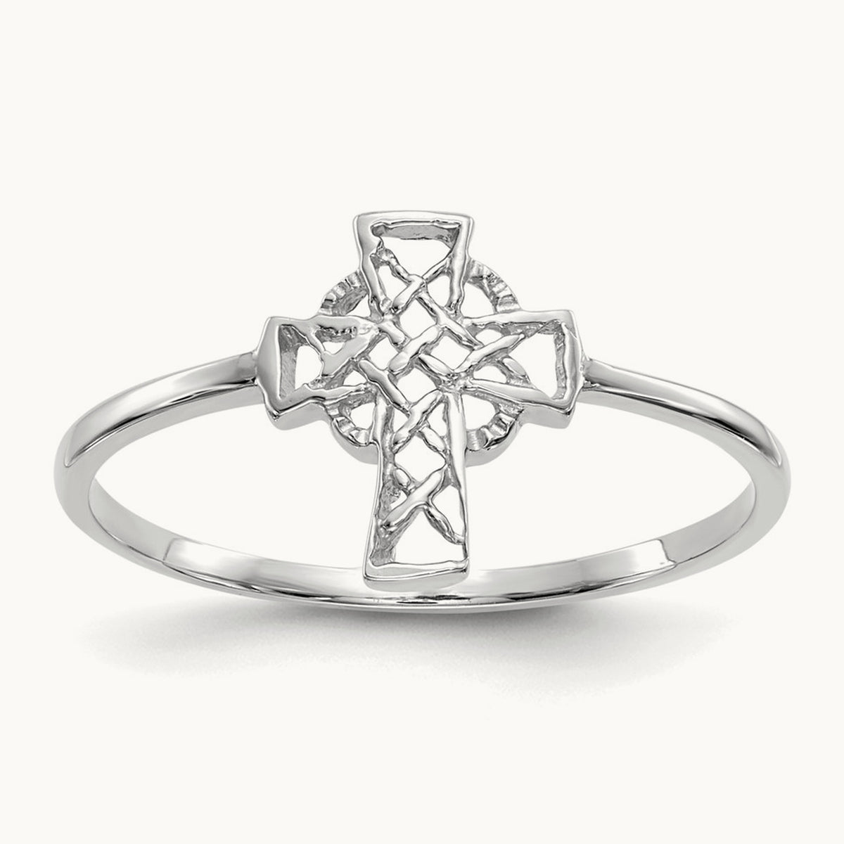 Polished Celtic Cross Ring — 14K White Gold