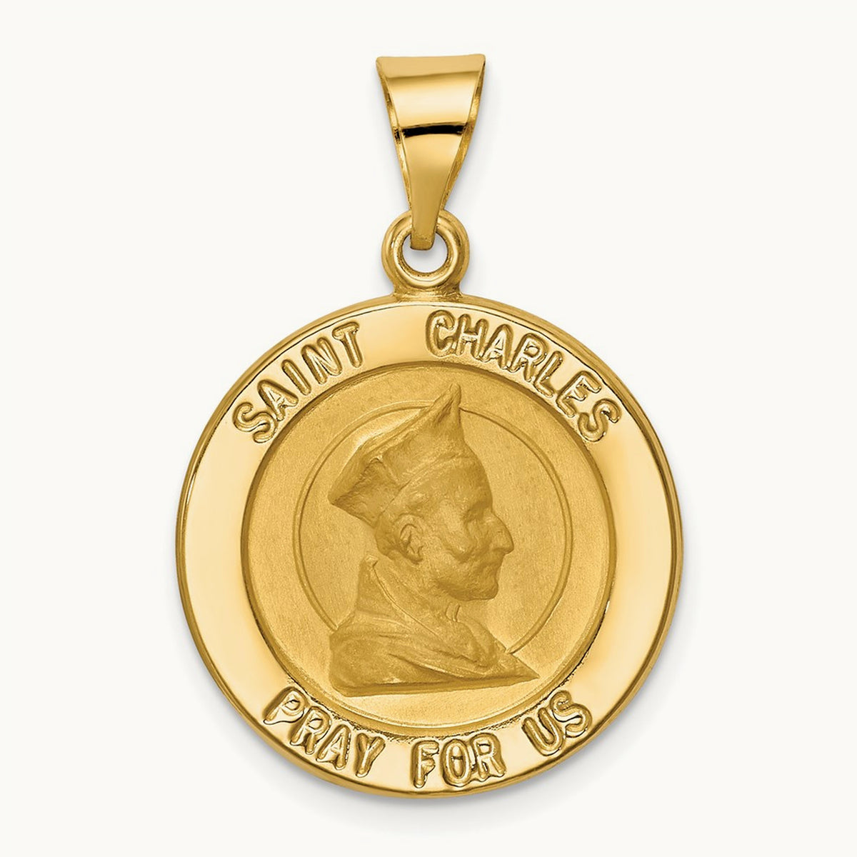 Polished and Satin St. Charles Medal Hollow Pendant, 14K