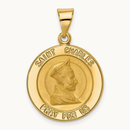 Polished and Satin St. Charles Medal Hollow Pendant, 14K
