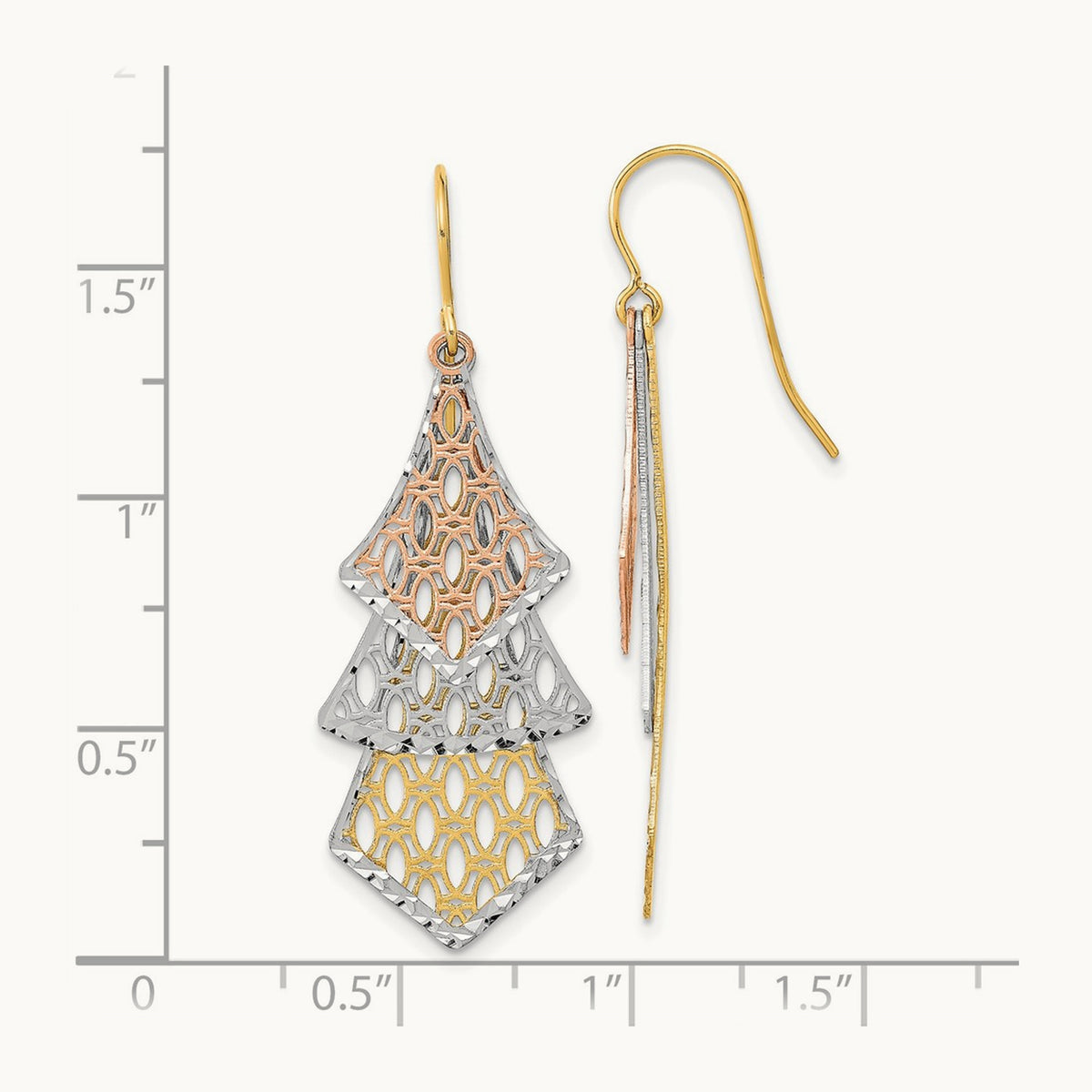 Tri-color D/C Polished Filigree Dangle Earrings, 14K