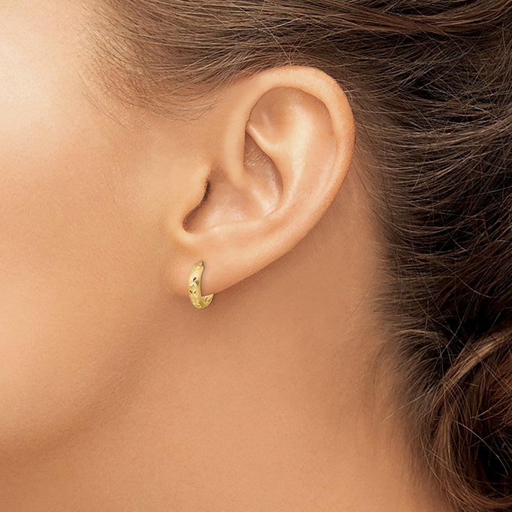 Diamond-cut X Satin 3x13mm Hinged Hoop Earrings — 14K Yellow Gold