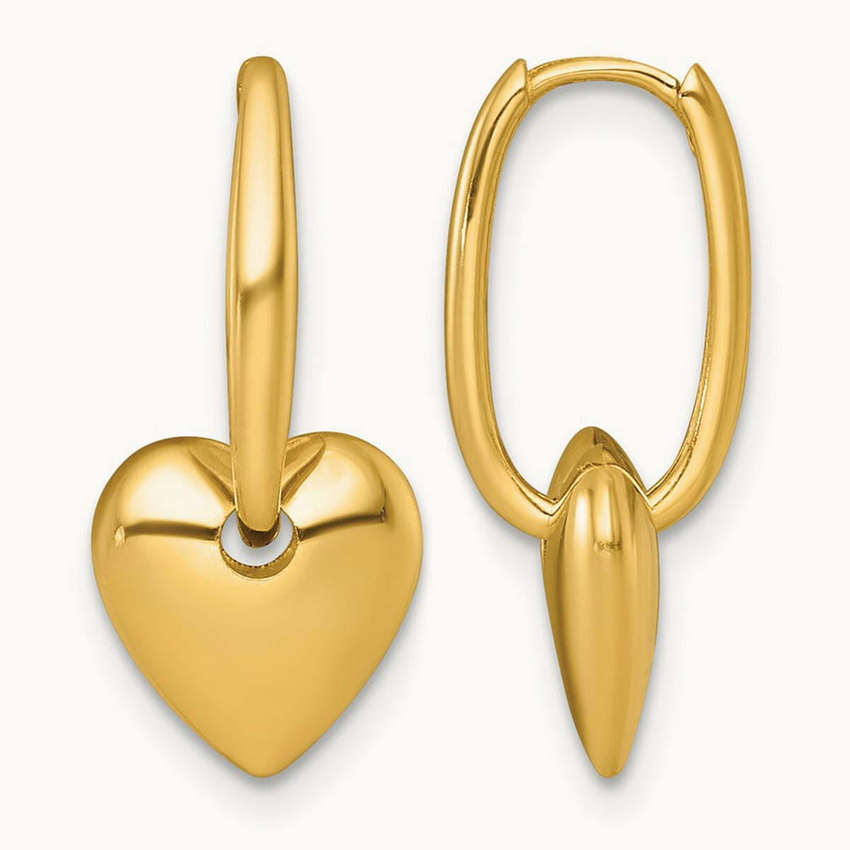 Polished Dangle Heart Hinged Hoop Earrings — 14K Yellow Gold