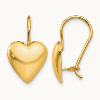 Polished Puffed Heart Kidney Wire Earrings, 11.5mm, 14K
