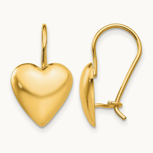 Polished Puffed Heart Kidney Wire Earrings, 11.5mm, 14K
