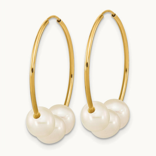 6- Semi-round White FWC Pearl Hoop Dangle Earrings, 7mm, 14K