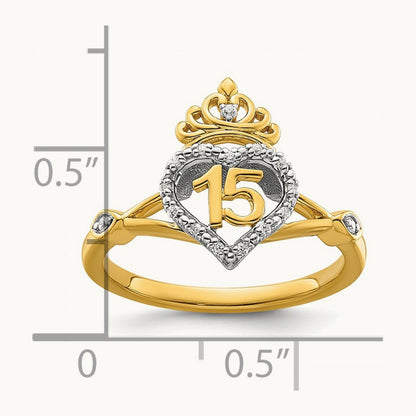 Polished Diamond Quinceanera Heart/Crown Ring, 14K Two-tone