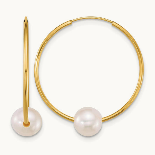 6- Semi-Round Freshwater Cultured Pearl Hoop Earrings, 7mm, 14K