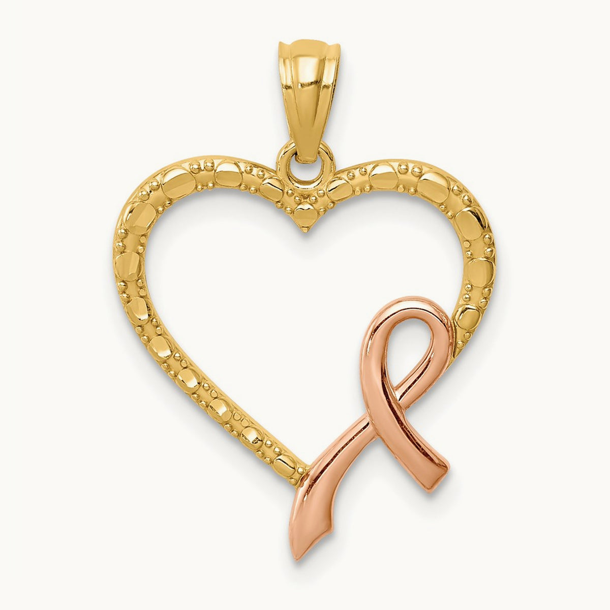 Rhodium Pink Ribbon with Heart Pendant, 14K Rose