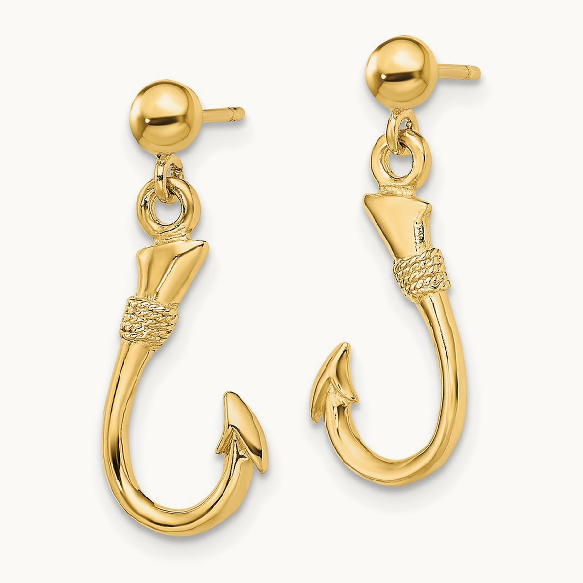 3-D Fish Hook Dangle Earrings, 14K