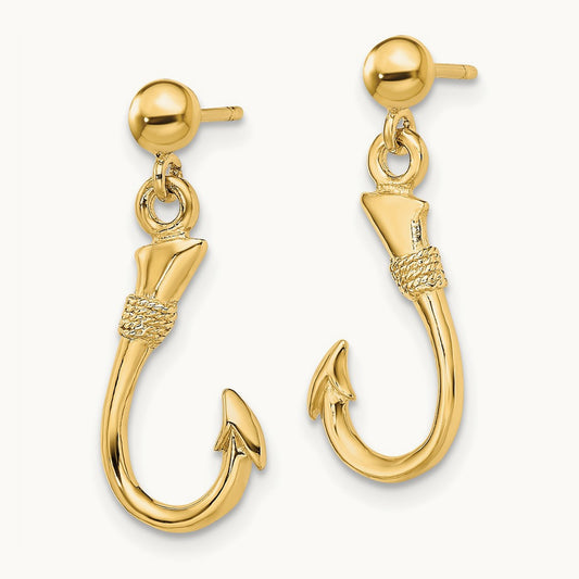 3-D Fish Hook Dangle Earrings, 14K