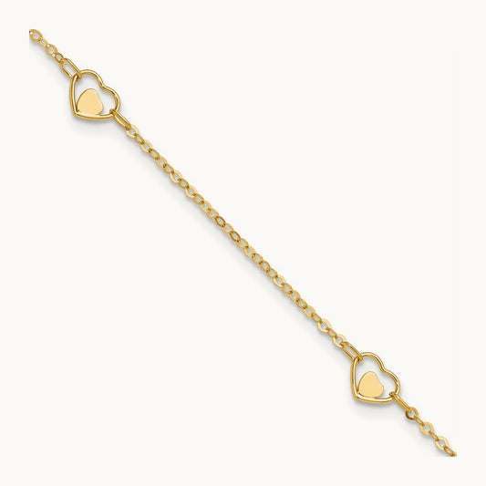 Polished Heart 9in Plus 1in ext Anklet, 14K