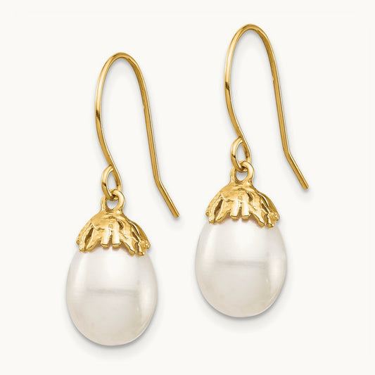 7- White Rice Freshwater Cultured Pearl Dangle Earrings, 8mm, 14K