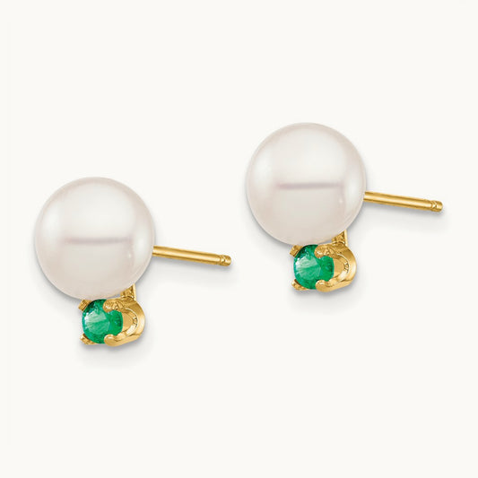 7- White Round Freshwater Cultured Pearl Emerald Post Earrings, 7.5mm, 14K