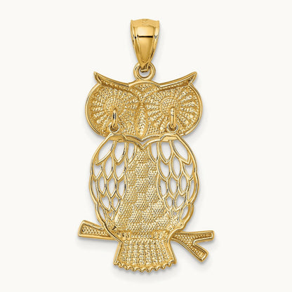 w/ Rhodium Diamond-cut Polished Moveable Owl Pendant, 14K