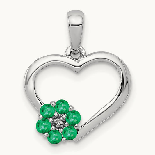 Diamond and Emerald Heart and Flower Pendant, 14K White Gold