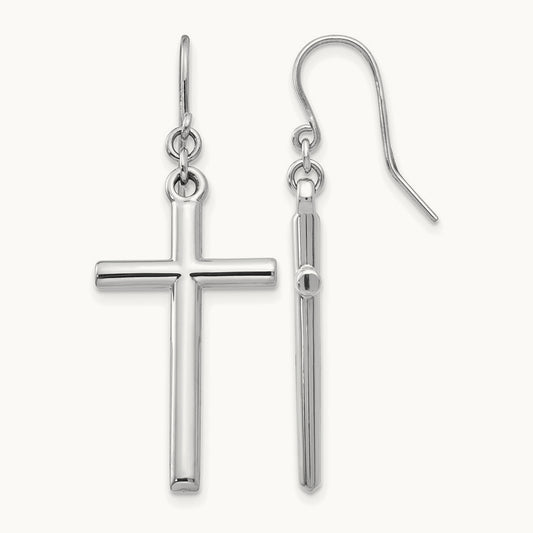 Hollow Cross Dangle Earrings, 14K White Gold