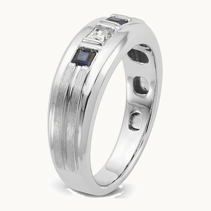 IBGoodman 14K White Gold Men's Polished Satin and Grooved Square 1/6 Carat AA Quality Diamond and Lab Created Sapphire 3-Stone Ring