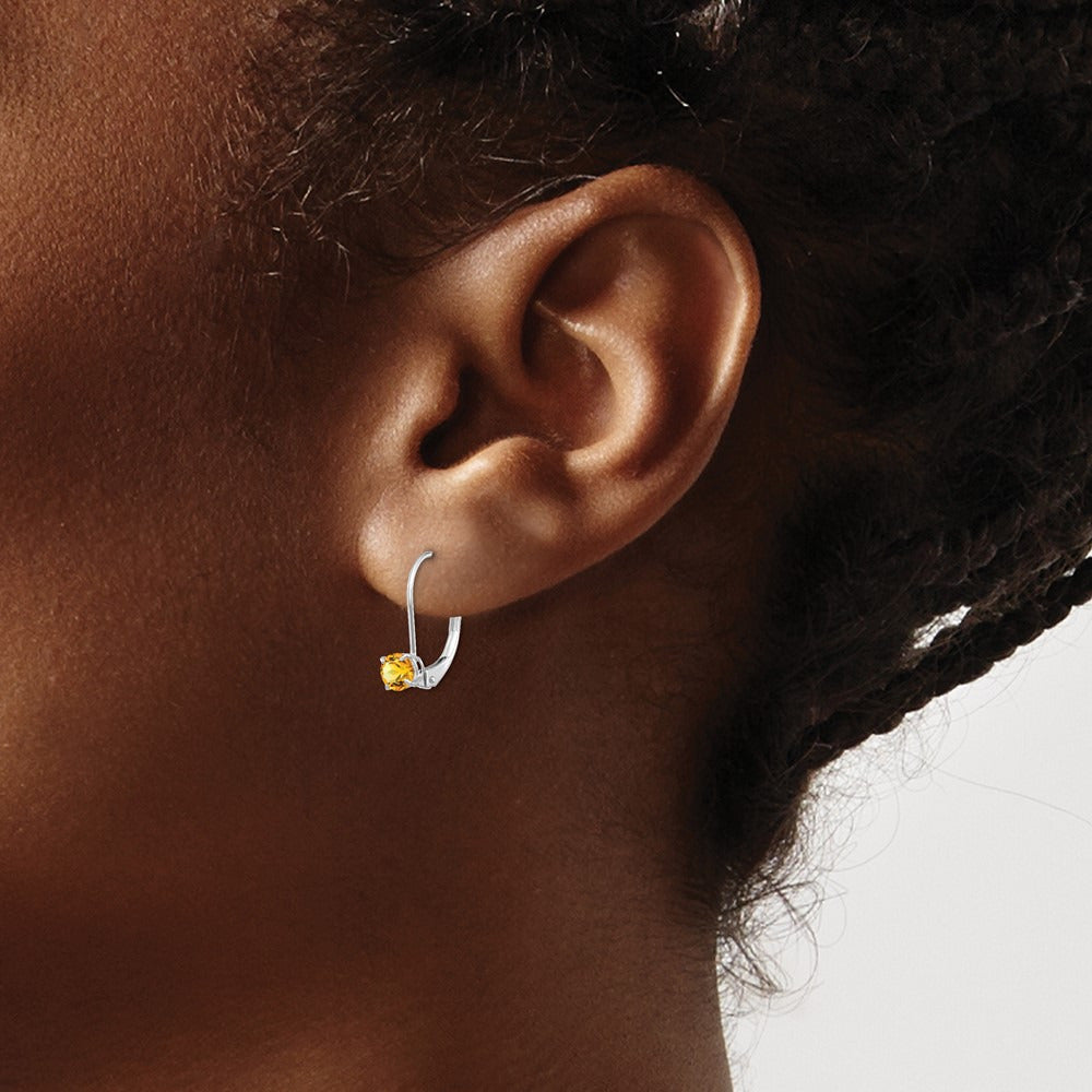 Round November/Citrine Leverback Earrings — 14K White Gold