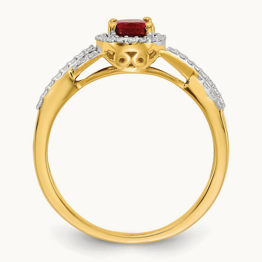 Created Ruby Oval Halo Ring — 14K Yellow Gold, 7