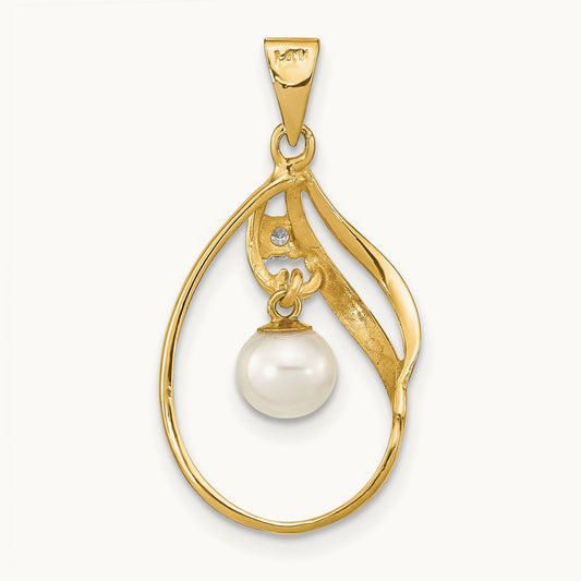 5- Round White FWC Pearl .05ct. Diamond Pendant, 6mm, 14K