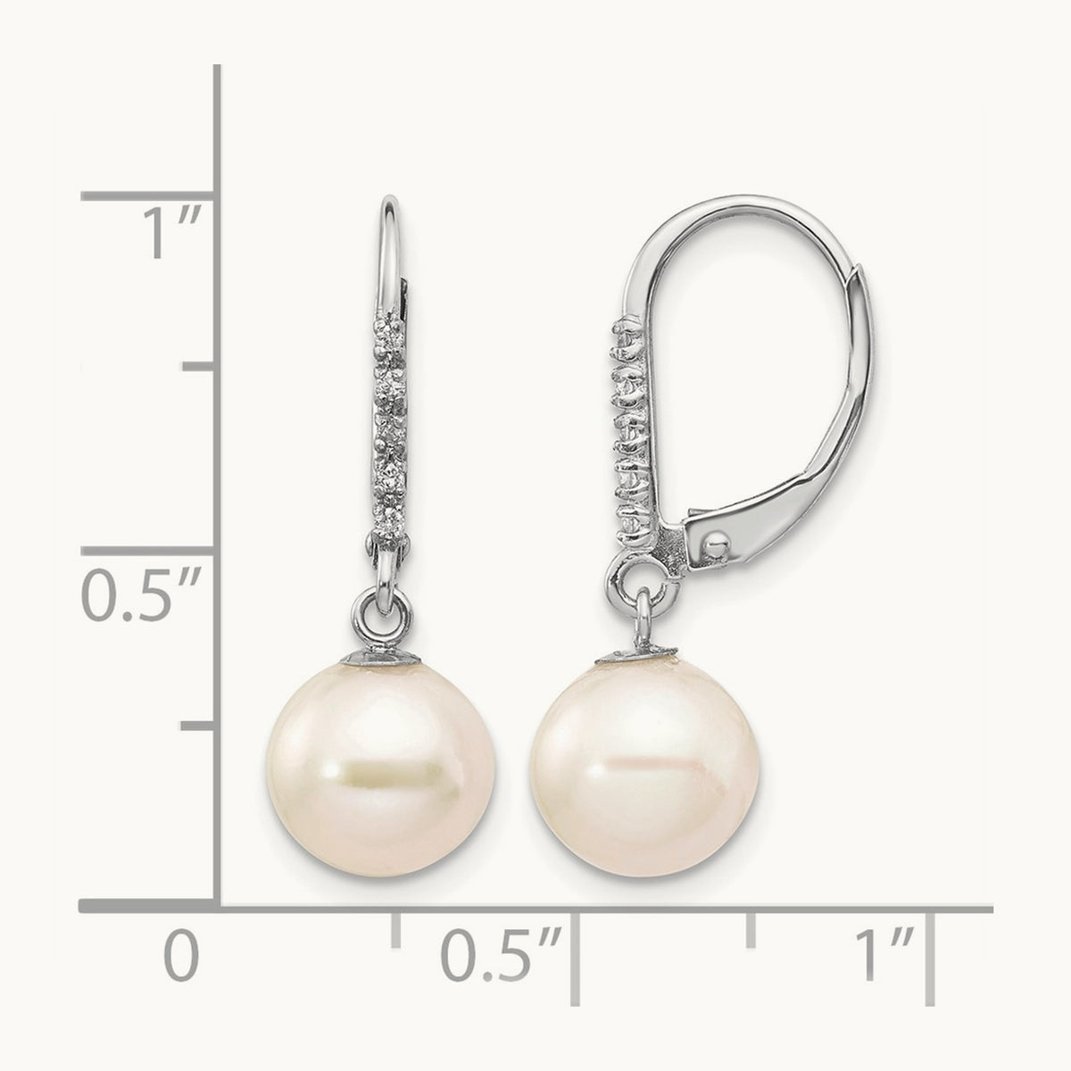 Round Freshwater Cultured Pearl Diamond Leverback Earrings — 14K White Gold