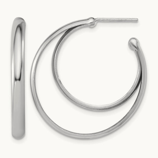 Rhodium-plated Polished Double Post J-Hoop Earrings — 31.5mm