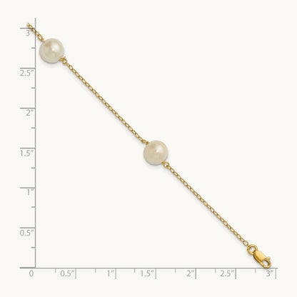 7- White Near Round Freshwater Cultured Pearl 3-station Bracelet, 8mm, 14K