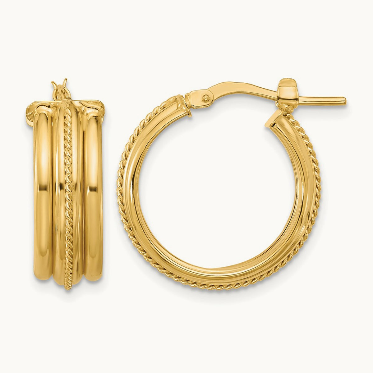 Polished and Textured Round Hoop Earrings, 14K — Leslie's