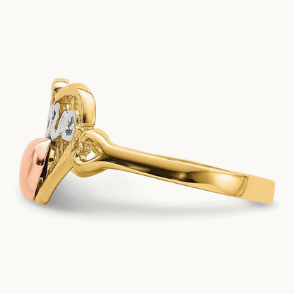 w/Rhodium Love Heart Ring, 14K Yellow with Rose Gold