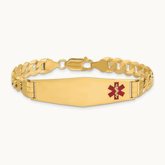 Medical Soft Diamond Shape Red Enamel Curb Link ID Bracelet, 14K
