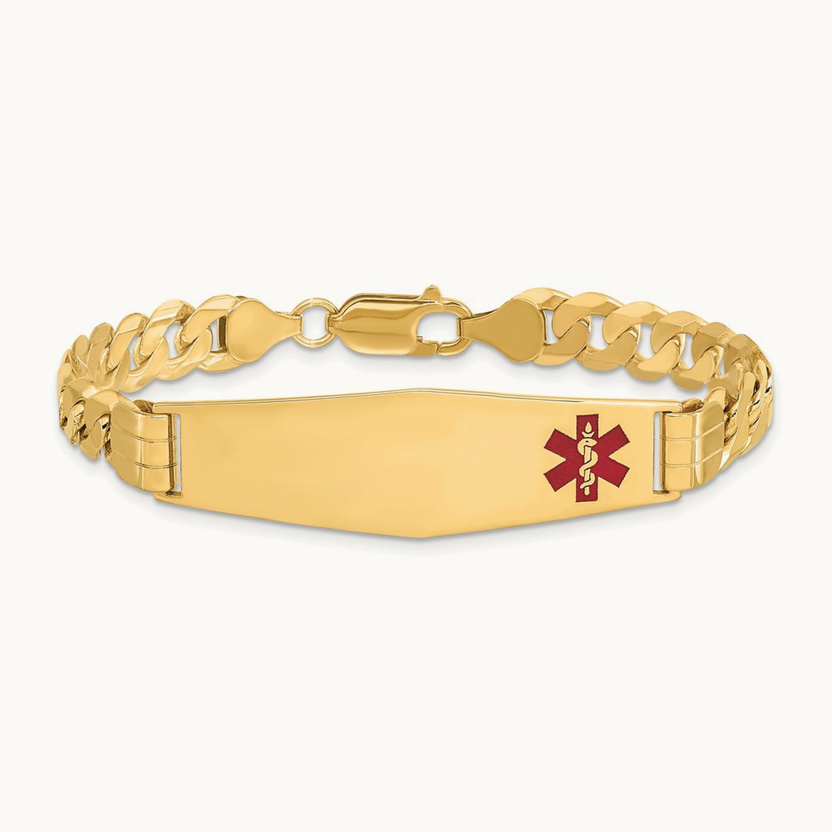 Medical Soft Diamond Shape Red Enamel Curb Link ID Bracelet, 14K