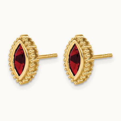 Marquise Garnet Post Earrings — 14K Yellow Gold
