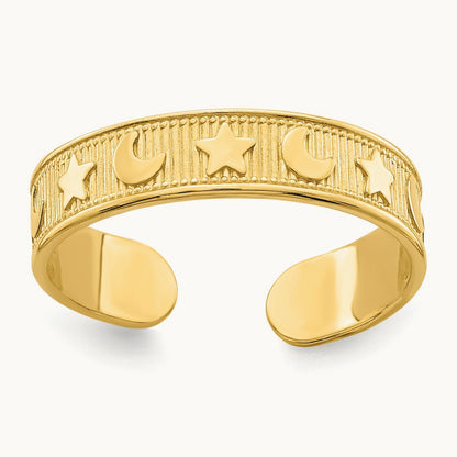 Star and Moon Adjustable Toe Ring, 14K