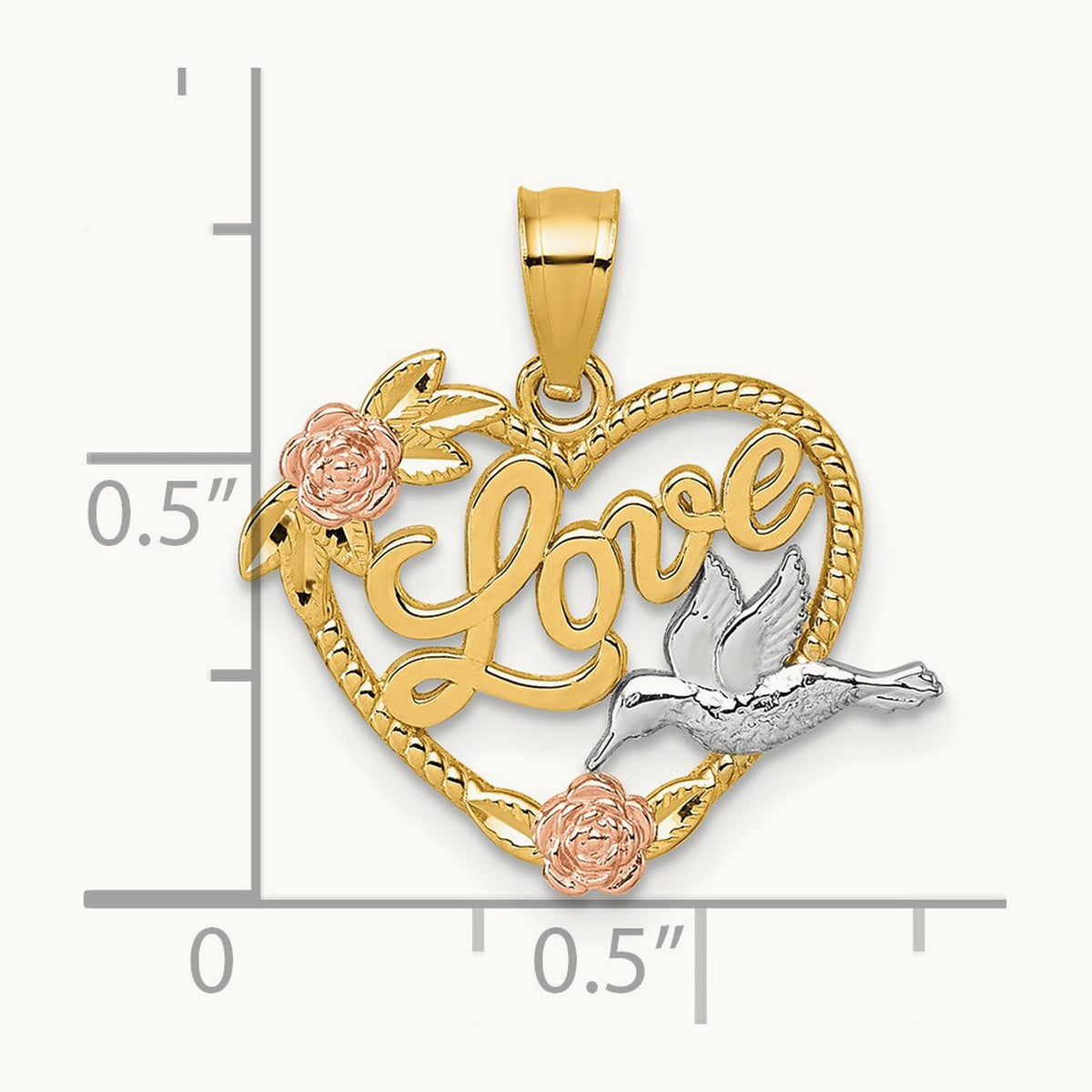 & White Rhodium Polish Love Floral And Bird Heart Pendant, 14K Two-tone