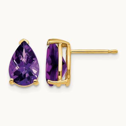 9x6mm Pear Amethyst Checker Earrings, 14K