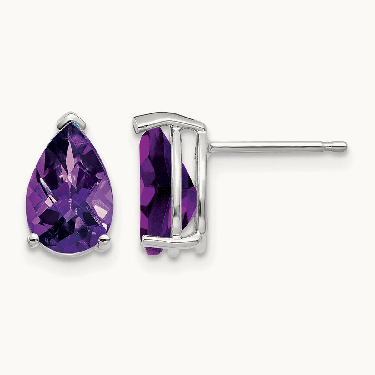 9x6mm Pear Amethyst Checker Earrings, 14K White Gold