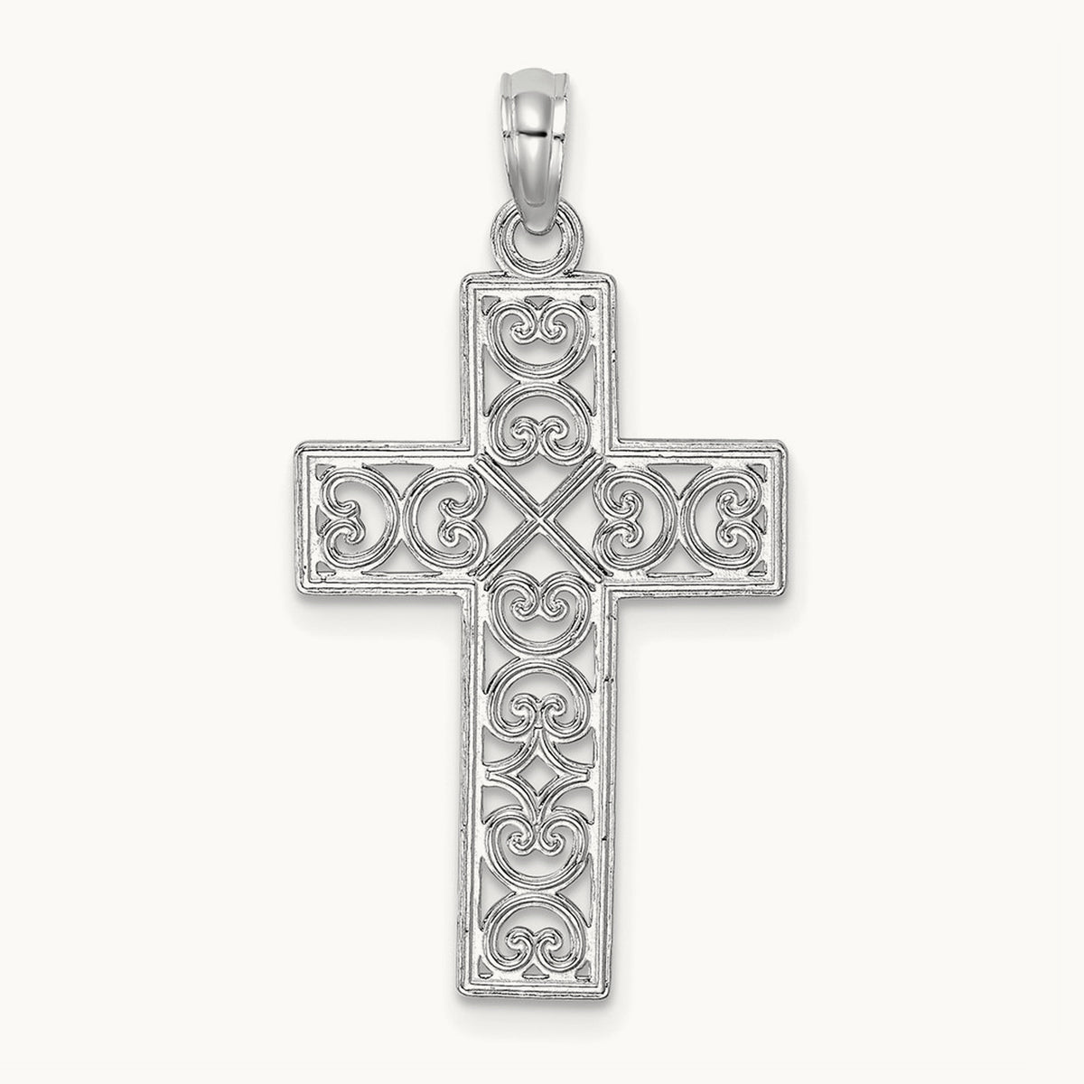Polished Square Cross with Heart Design Charm — 14K White Gold