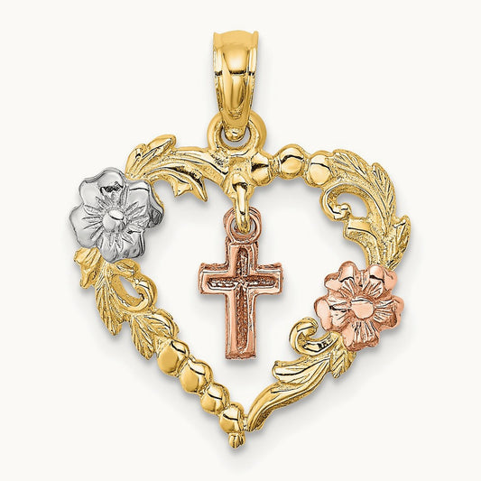 w/White Rhodium Heart w/Cross and Flowers Charm, 14K Two-tone