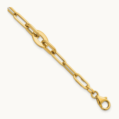 Polished Flat Oval and Paperclip Link 7.25 Inch Bracelet, 14K