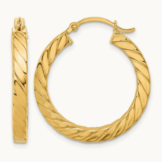 Polished & Twisted Square Tube Hoop Earrings, 3mm, 14K