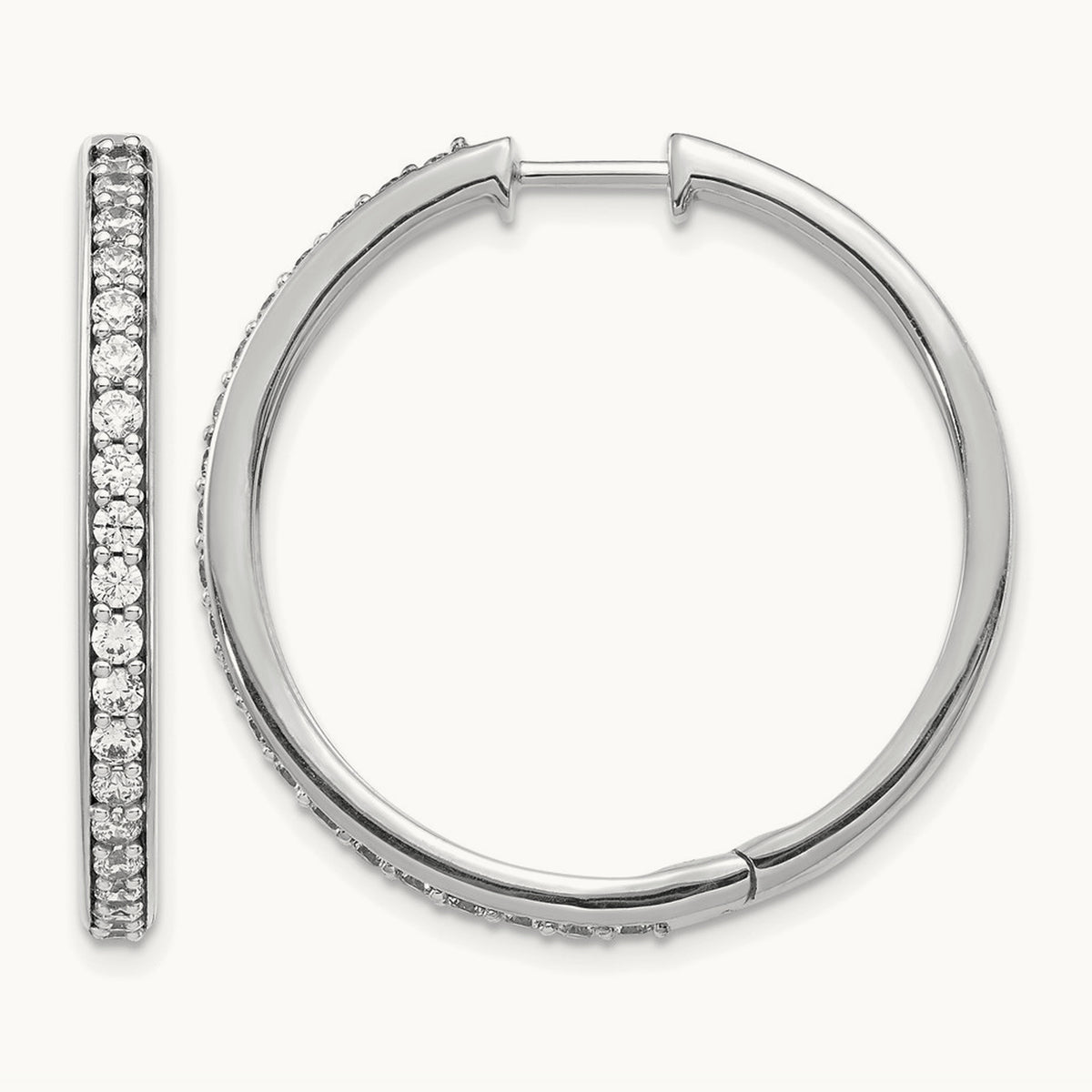 Diamond Hinged Hoop Earrings — 14K White Gold, 28mm, 1.05 ct