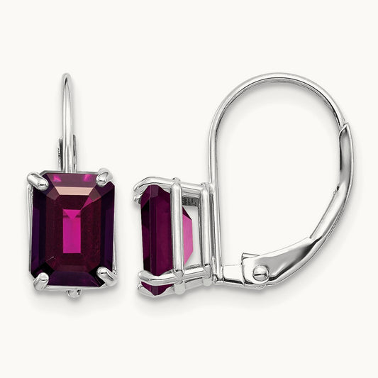 7x4 Emerald Cut Rhodolite Garnet Leverback Earrings, 14K White Gold
