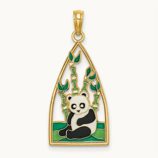 Enamel Panda Bear and Bamboo Charm, 14K