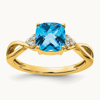 Checkerboard Blue Topaz and Diamond Ring — 14K Yellow Gold, 7