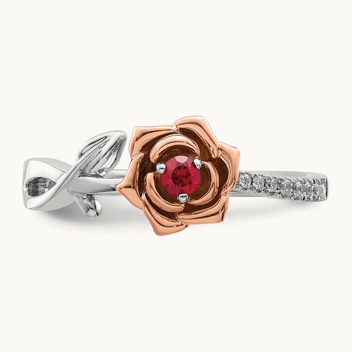 & Rose Ruby and Diamond Flower Ring, 14K Two-tone White