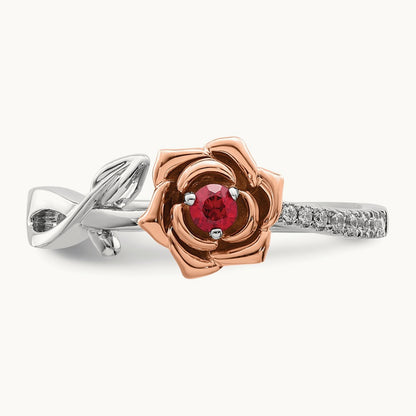 & Rose Ruby and Diamond Flower Ring, 14K Two-tone White