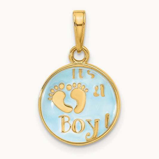 Polished with Blue Enamel and Clear Epoxy Resin It's A Boy Pendant, 14K