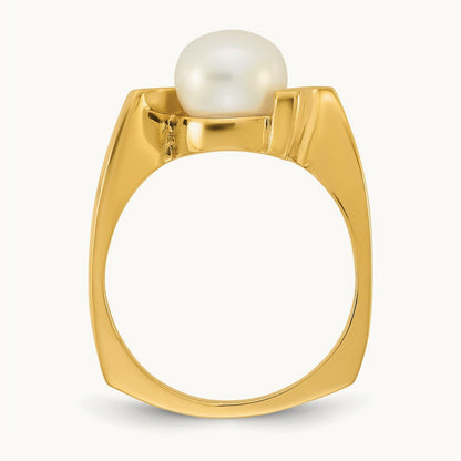 Polished 7- Button White FWC Pearl Square Ring, 8mm, 14K