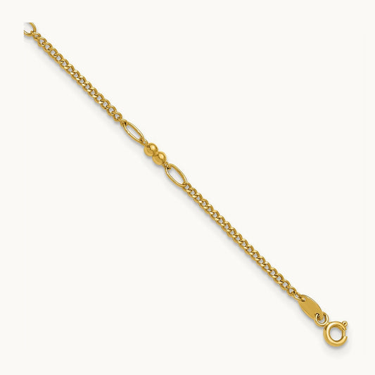 Polished Beaded Mixed Link 10in Anklet, 14K